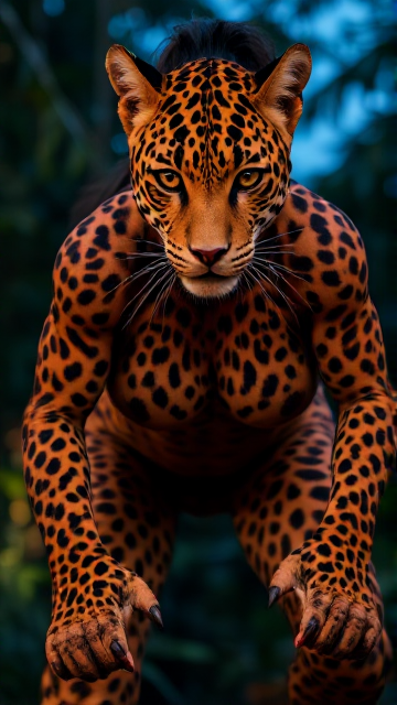 A fierce female-leopard hybrid. She has a sleek, athletic body with orange and black leopard spots on her skin blending with human features. Her face has piercing, feline eyes, high cheekbones, and slightly elongated canines. muscular build, with clawed fingers and digitigrade legs ending in leopard paws. and her expression is one of fierce determination. The atmosphere is electric, capturing the primal strength and agility of a leopard fused with a human warrior.
Her intense gaze suggests determination and a thirst for victory.
Setting: A colorful and bright jungle at dusk