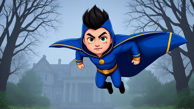 2D cartoon scene: A preteen 12-year old boy with light skin and freckles on his cheeks named Kyle Lipton, but transformed into a superhero named Dr. Dimensionpants, who, despite still being a kid, has an extremely muscular body. He wears a tight blue hood outlined by a yellow line, with a smooth, slicked back black mohawk on top. He also wears a sleek blue bodysuit outlined with yellow lines on the cuffs of the sleeves and pants, a golden belt with a circular buckle, black boots, and a really big, toe-length, ultra-wide blue cape with a really big collar outlined with yellow lines wreathed around his neck held up by a golden button. The pupils in his eyes are green, and he has a black twin moustache. He also has incredible, invincible, and cosmic superpowers flowing through his veins. He is currently floating and levitating as he slowly descends down to the grounds of an abandoned mansion after a long flight, preparing to land so he can begin his investigation.