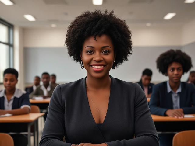 Un enseignante afro-américaine dans une salle de classe moderne et lumineuse, avec des élèves noirs assis à leurs bureaux, souriant et attentifs