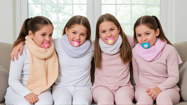 Quatres filles adolescentes assise dans un canapé avec des grandes serviette en papier autour du cou de différentes couleurs et des tétines en bouche de différentes couleurs elles ont les cheveux lisses et dégagé à l’avant elles sont en pyjamas simple et il y a une grande fenêtre derrière et elles se font un gros câlin