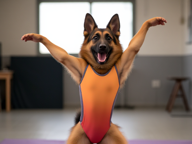 Gymnastics pose by a German shepherd wearing a colorful leotard, dynamic action, indoor setting, sharp focus, high detail