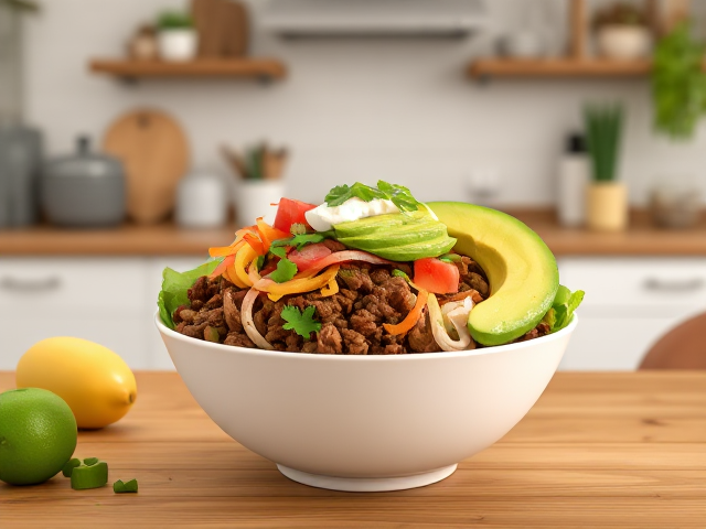 in a well appointed kitchen on a table, there is This keto taco bowl is a flavorful and satisfying meal loaded with seasoned ground beef, fresh veggies, and creamy avocado. It's quick to prepare and customizable with your favorite toppings. A delicious way to enjoy taco flavors without the carbs!