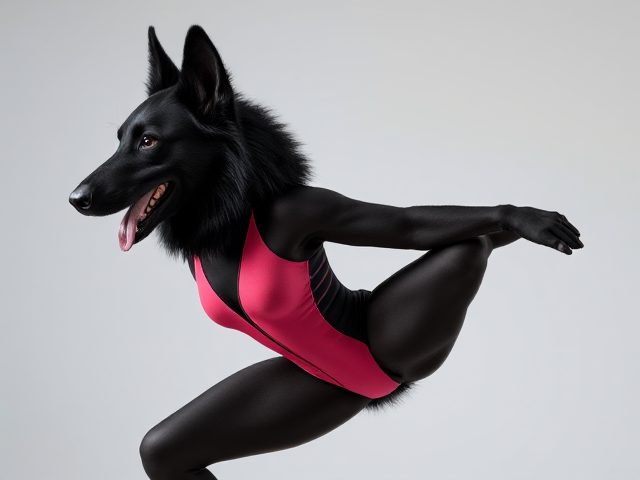 Black furred female anthropomorphic German Shepherd, wearing a vibrant gymnastics leotard, showcasing detailed fur texture and athletic build in a dynamic pose, vivid colors