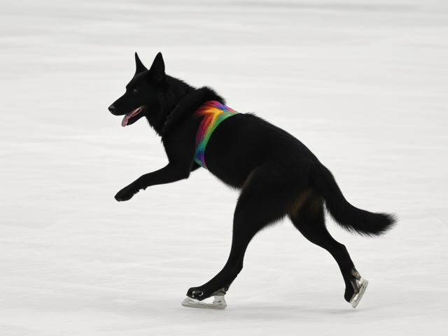 Tall, anthropomorphic black German shepherd, wearing a vibrant gymnastics leotard, gracefully ice skating on a smooth rink, dynamic motion captured