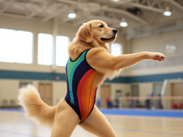 Anthropomorphic golden retriever wearing a colorful gymnastics leotard, performing in a gymnasium with dynamic poses, detailed fur and expression