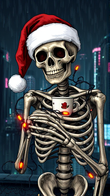 A skeleton wearing a Santa hat tangled in Christmas lights, holding a coffee cup, with the text "I'M FINE. THIS IS FINE. EVERYTHING'S FINE." in a hand-drawn style, digital illustration, detailed, intricate,  dark humor, festive,  Christmas themed.
