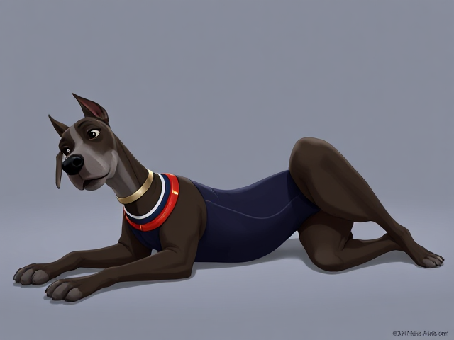 A anthropomorphic Great Dane Olympic gymnast wearing a leotard, lying down