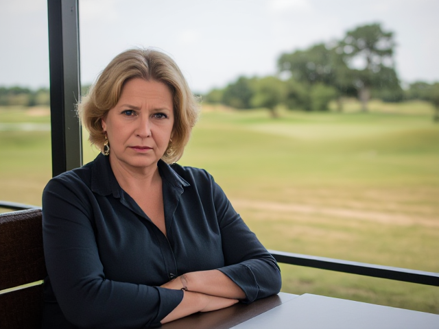 Crabby, mean looking, disapproving youmg woman sits at a booth on a golf course