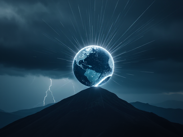 Create an image of a sphere with streaks of light beaming out of it cracking open on top of a mountain far away in a very bad storm