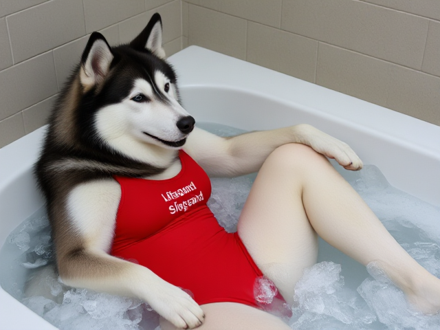 A anthropomorphic alaskan malamute wearing a red lifeguard one piece swimsuit sitting in a ice bath relaxing her sore muscles