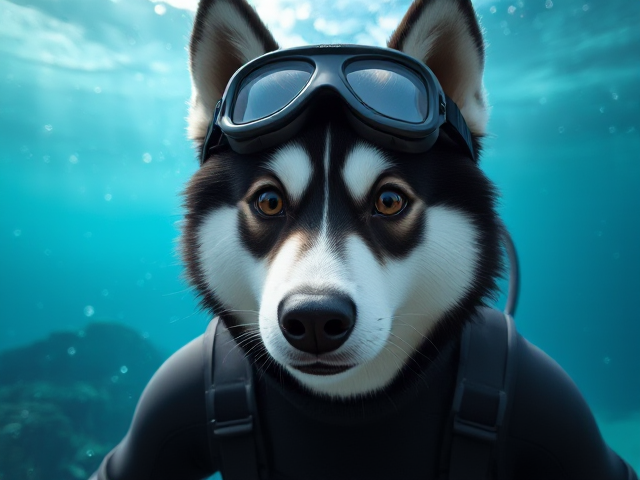 A Alaskan malamute freediver wearing a wetsuit and goggles
