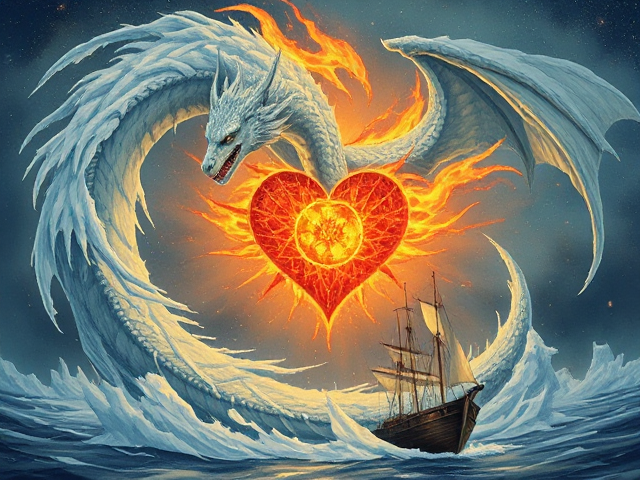 A swirling ice dragon with a fire metaphysical heart above an an anchored ship