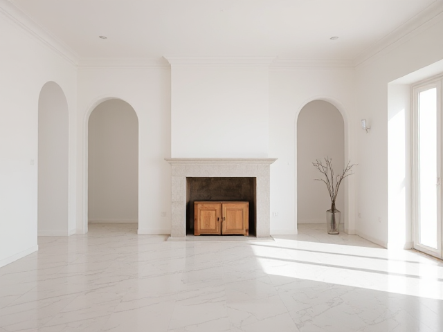 une photo avec juste un coffre en bois au milieu  d'un salon blanc vide juste des moulures au murs et au plafond le sol est du marbre blanc