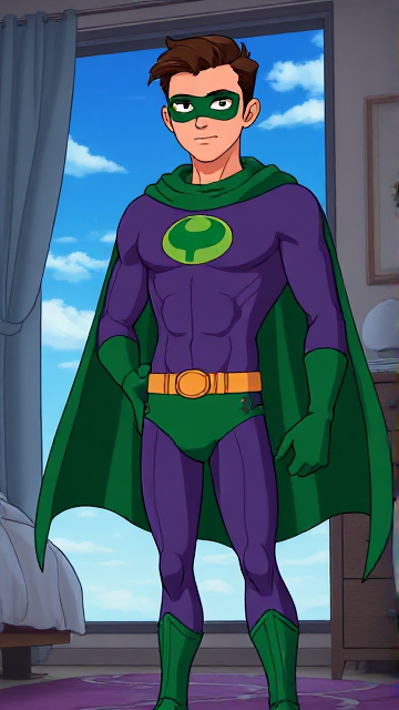 Cartoon scene: A young, Autistic 25-year old boy with light skin and flat, smooth, and slick brown hair named T.J. Granger, but transformed into a genetically-altered superhero named Powerman, who, despite still being a young adult kid, has an extremely muscular body. He wears a sleek purple suit with a green P symbol on his chest, a gold belt with a circular buckle, green briefs, green boots, green long-cuffed gloves, a really big, toe-length long, ultra-wide green cape wreathed around his neck, and a green eye mask that protects his true identity. He also has incredible and invincible superpowers flowing through his veins. In this scene, Powerman is currently standing in his bedroom, taking a moment to truly admire his new appearance and identity.
