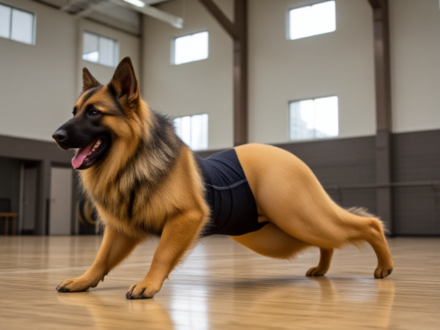 A anthropomorphic long haired German shepherd with large hips doing pushups wearing a gymnastics leotard in a gymnasium