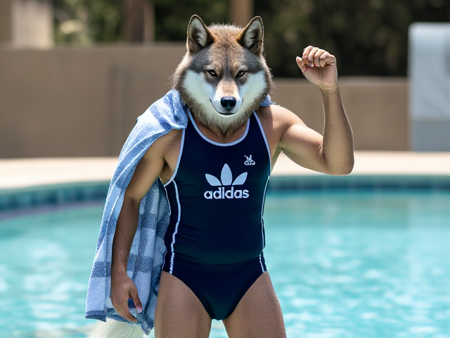 A tall anthropomorphic wolf wearing an adidas swimsuit drying off with a towel