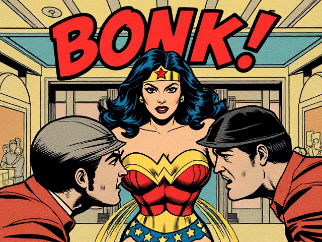 A  vintage comic book style image of  Wonder Woman  with an angry facial expression, standing in a bank lobby & crashing two criminal’s heads together. The word: BONK! Written above