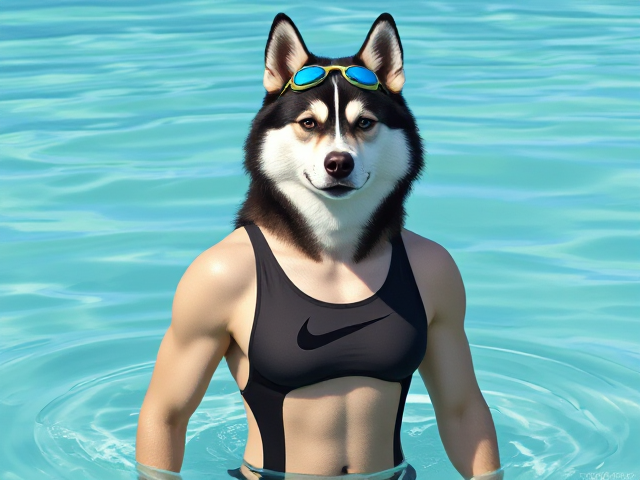 A anthropomorphic Alaskan malamute with a long torso wearing a high cut Nike one piece swimsuit and swimming goggles