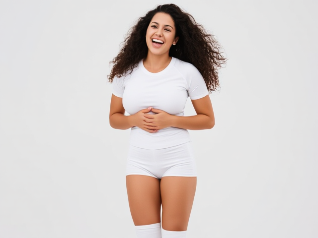 Beautiful semitic volleyball woman with long curly hair and a white uniform with thigh high socks bursting out in laughter. Her full body is visible (including shoes) and she is clutching her stomach while she laughs.