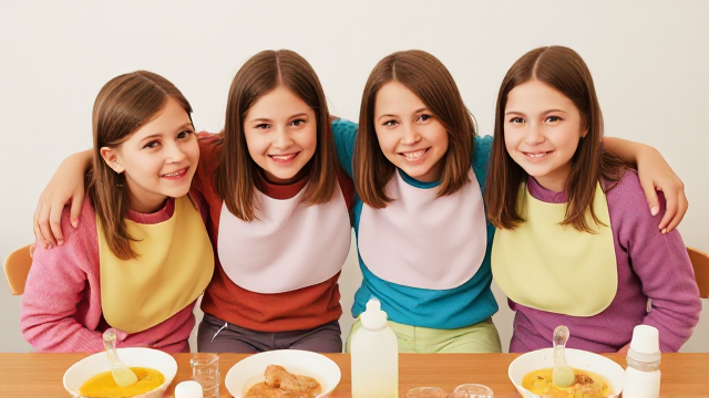 Quatre jeunes filles adolescentes aux cheveux lisses et dégagé et de différentes couleurs a l'avant assis a table  avec de la nourriture pour bébé et des biberons avec des grands bavoirs simple multicolore  et des tétines en bouches elles ont des pull de différentes couleurs que les Bavoirs et avec des pantalons elle se font un gros câlin