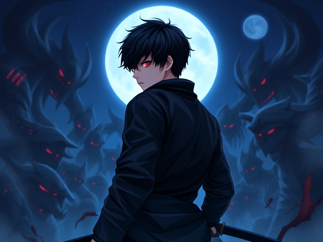 Neo Hargraves. A 18 year old boy with dark hair and red eyes. Son of Hardes. With a black Katana. Death abillitie facing a massive hord of Shadow Monsters. neo wears a stylish all black lock and is covert in bloodi wounds