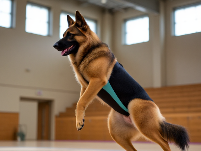 Anthropomorphic long-haired German shepherd with muscular hips wearing a colorful gymnastics leotard, performing in a well-lit gymnasium, showcasing agility and strength
