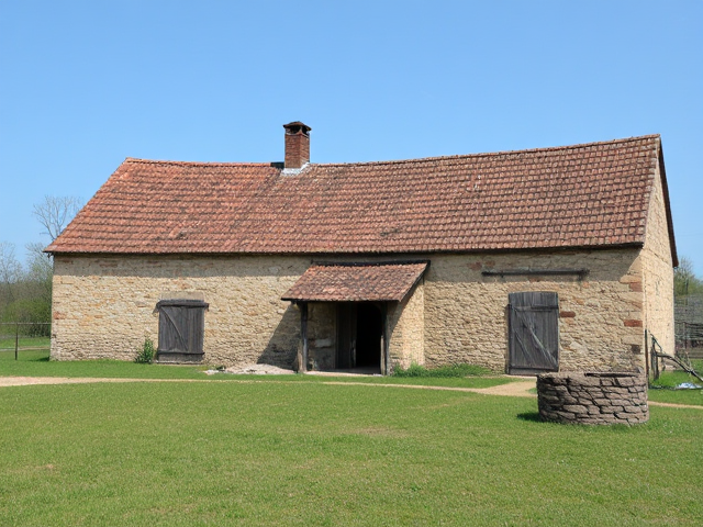 Une jolie ferme en pierre avec une grange, un puit, dans la campagne, isolée, au milieu des prairies et des forêts