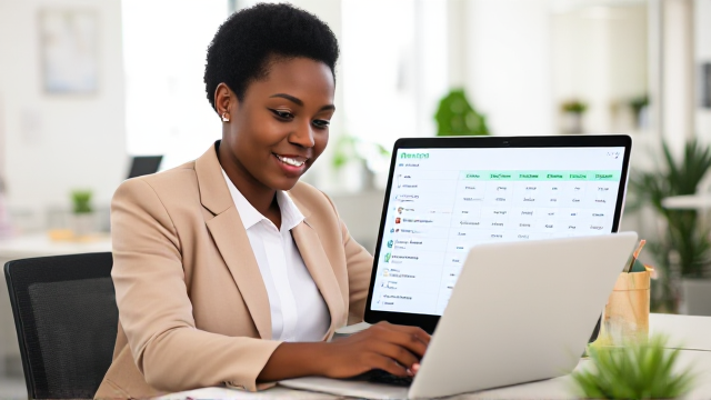 A modern, professional  depicting a business owner analyzing financial data using a digital Chart of Accounts interface using a sleek laptop screen showing  account categories with a greenish UI. The background is a bright office environment with a desk, plants, and office supplies. The business owner, a middle-aged African woman in smart casual attire, appears focused and engaged, representing the importance of financial management. The overall tone is optimistic and productive, highlighting the benefits of using a modern financial management tool