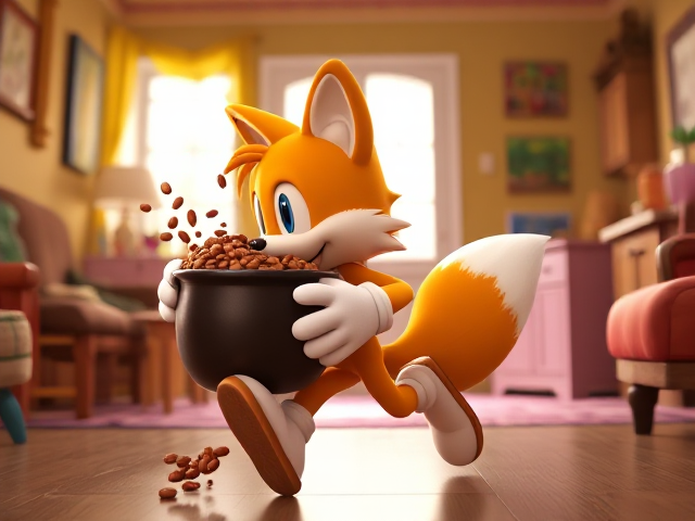 A side shot of A young and adorable depiction of a smaller, younger version of Miles "Tails" Prower wearing gloves and white socks. He is running through a brightly lit, colorful house with playful decorations and furniture, carrying a GIANT pot of baked beans that he totally didn't steal. Beans are splashing out of the pot as Tails mischievously looks behind him to ensure he isn't being chased. His two tails are flowing behind him dynamically, adding to the sense of motion and excitement in the scene.