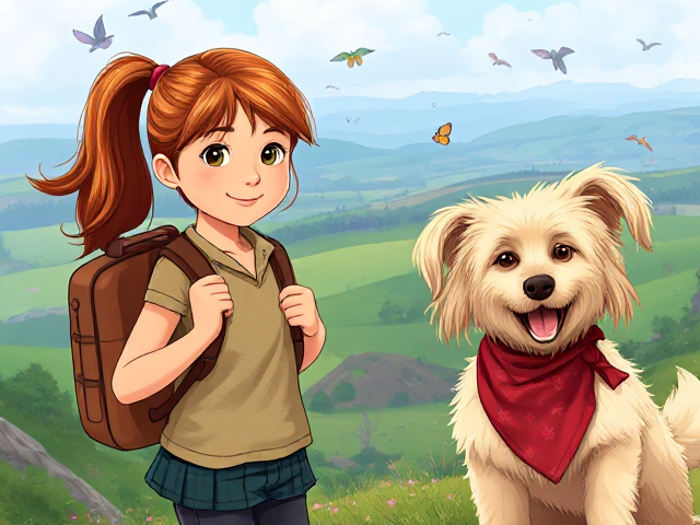 children's fiction book cover for girls aged 7-12, featuring an 11-year-old girl with hazel eyes and copper brown long hair in a pony tail with a red ribbon, wearing a backpack and investigating a mystery. She stands on a fantasy hillside, surrounded by butterflies and birds. Next to her is an excited medium size shaggy long-haired cream-colored dog with long floppy ears wearing a red bandana around its neck. Both are searching for clues and have private investigator equipment