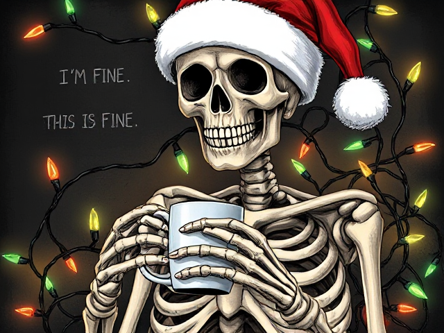 A skeleton wearing a Santa hat tangled in Christmas lights, holding a coffee cup, with the text "I'M FINE. THIS IS FINE. EVERYTHING'S FINE." in a hand-drawn style, digital illustration, detailed, intricate,  dark humor, festive,  Christmas themed.