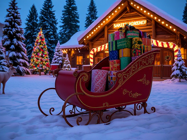 A magical North Pole scene with a festive, glowing Santa's workshop in the background. The workshop is a cozy log-cabin-style building decorated with warm, twinkling Christmas lights, candy canes framing the entrance, and a large glowing sign that reads 'Santa's Workshop.' Snow-covered pine trees surround the workshop, adding to the magical atmosphere. In the foreground, a beautifully detailed sleigh sits prominently in the snow. The sleigh is painted in vibrant red with golden accents and intricate festive carvings. Beneath the sleigh is a cleverly designed hidden compartment, slightly recessed and subtly shielded by decorative panels and the sleigh's structure, leaving space for someone to hide.

Above the hidden compartment, the sleigh is stacked high with colorful, beautifully wrapped gifts, complete with bows, ribbons, and festive patterns. The gifts are carefully arranged to conceal the hidden space completely. Surrounding the sleigh, the snow sparkles under the soft glow of the workshop lights, and reindeer stand nearby, adding to the festive scene. Snowflakes gently fall from the sky, creating an enchanting and peaceful Christmas atmosphere that perfectly captures the magic of the North Pole."