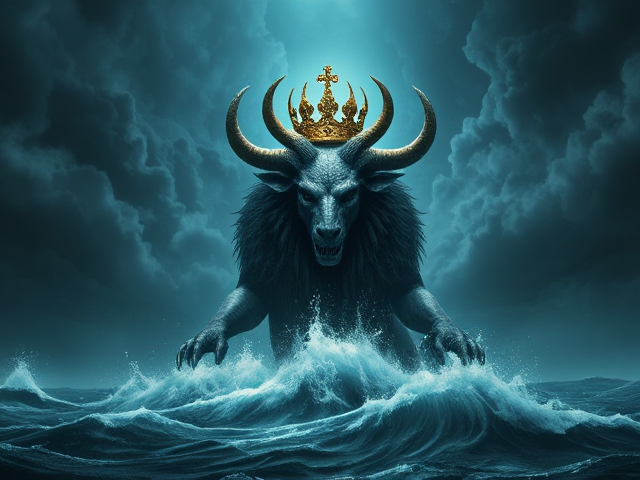 "And I saw a beast rising up out of the sea", "the beast having seven heads and ten horns", "and upon his horns were ten diadems", "and upon his heads the name of blasphemy, 666"