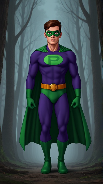 Dramatic and foreboding Cartoon Movie scene: A young, Autistic 25-year old boy with light skin and flat, smooth, and slick brown hair named T.J. Granger, but transformed into a genetically-altered superhero named Powerman, who, despite still being a young adult kid, has an extremely muscular body. He wears a sleek purple suit with a green P symbol on his chest, a gold belt with a circular buckle, green briefs, green boots, green long-cuffed gloves, a really big, heel-length long, ultra-wide green cape wreathed around his neck, and a green eye mask that protects his true identity. He also has incredible and invincible superpowers flowing through his veins. In this scene, Powerman is currently walking through a foggy forest, searching for a lost citizen to rescue.