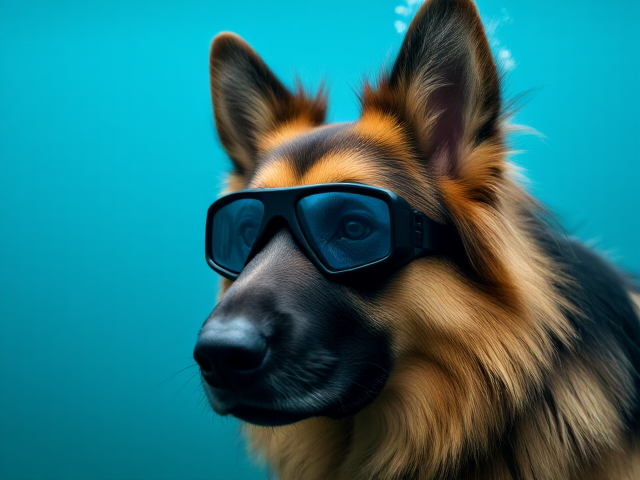 A anthropomorphic long haired German shepherd wearing Freediving goggles, blue in the face from holding breath too long
