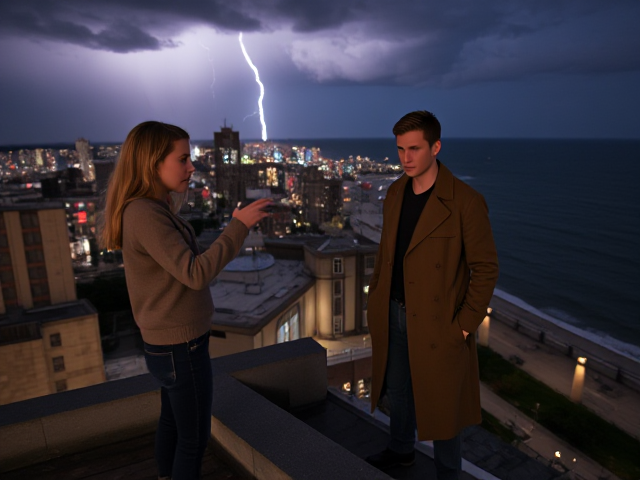 A petite 13-year-old girl with strawberry blonde hair, wearing a pullover and jeans, is standing on the roof ledge of a night club. Next to her on the roof, standing nearby is a modern-day, pale skinned vampire in his late twenties, with blonde hair, dressed in a brown trench coat and jeans. He appears uneasy as he looks at her. The girl gestures angrily at him, flailing her arms. A thunderstorm approaches the cityscape from the sea shore. Set at night.