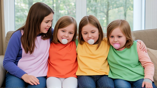 Quatre filles adolescentes aux cheveux lisses et dégagé et de différentes couleurs a l'avant assis dans un canapé avec des très grands Bavoirs simple de différentes couleurs  et des tétines en bouches elles sont en tee-shirts manches longues de différentes couleurs que les Bavoirs et ont des et elles se font un gros câlin et il y a une grande fenêtre derrière le canapé