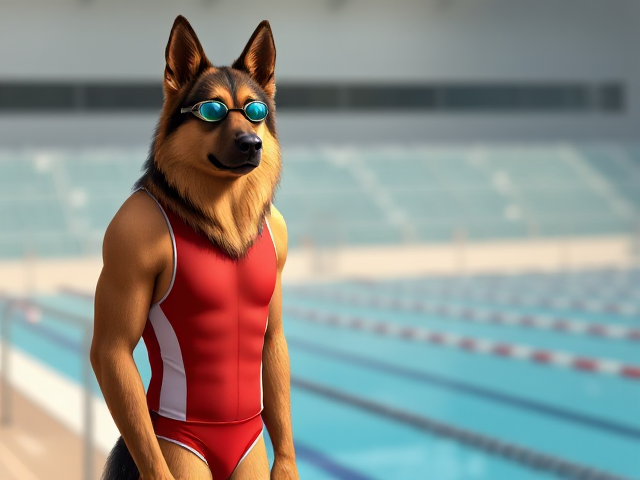 A tall and slender anthropomorphic long-haired German shepherd with a long torso and broad shoulders, wearing a racing swimsuit and swimming goggles while standing next to a Olympic-Sized swimming pool