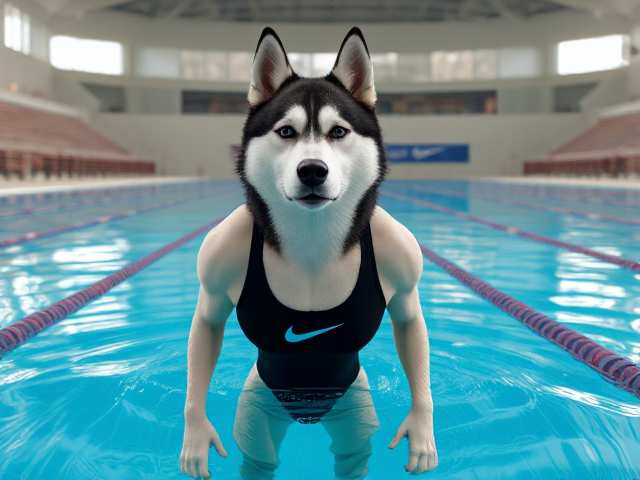 A tall anthropomorphic Siberian husky with a long torso and broad shoulders, wearing a high cut Nike one piece swimsuit while swimming in a Olympic sized pool