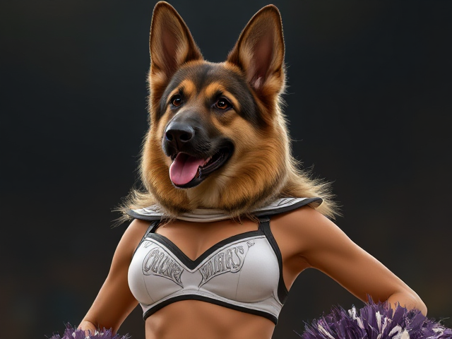 A tall anthropomorphic German shepherd cheerleader