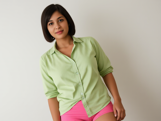 20 year old indian, light green shirt, pink tight shorts. Short hair. Girl, full body