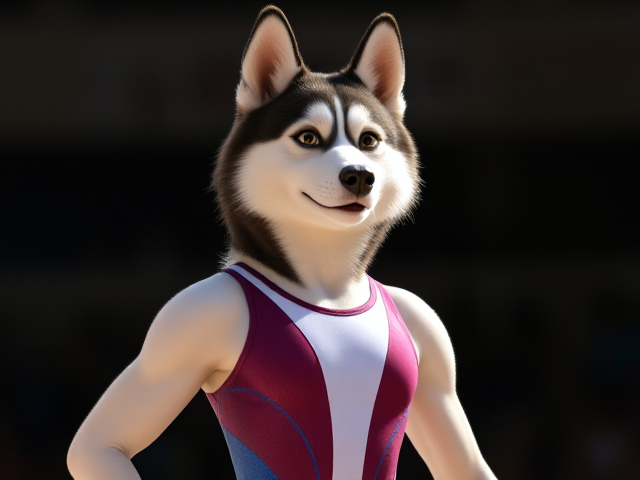 A anthropomorphic Siberian husky Olympic gymnast wearing a leotard