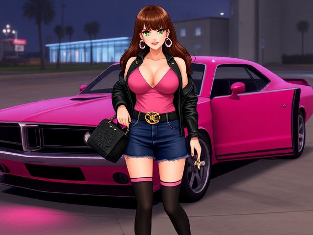 A full-body image of a 2D anime woman with long, shiny medium brown hair and exaggeratedly large breasts. She has sparkling emerald green eyes with thick, lush eyelashes and a confident smirk on her lips. She wears a hot pink, cleavage-revealing spaghetti strap tank top paired with a stylish black leather jacket adorned with silver studs on the shoulders. Her outfit includes a short, tight dark blue jean skirt with frayed edges and a black belt featuring an ornate gold buckle shaped like an intricate dragon. She carries a chic black leather purse embossed with an intricate floral pattern and dons long black sheer socks with pink stripes at the top that accentuate her toned thighs. Her accessories include large heart-shaped hoop earrings encrusted with diamonds that catch the light beautifully, and she steps in six-inch hot pink pumps that have delicate silver accents around the edges. She is approaching her sleek and luxurious hot pink muscle car, which features custom chrome rims, tinted windows, and dazzling pink underglow lighting. With elegantly manicured nails painted in pink holding her car keys adorned with fluffy charms, she reaches to unlock the polished car door.