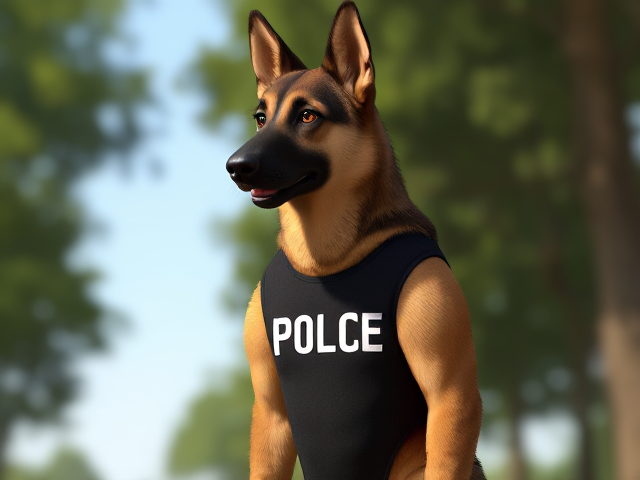 A tall anthropomorphic German shepherd with a long torso and broad shoulders wearing a leotard with “POLICE” written across the front of it