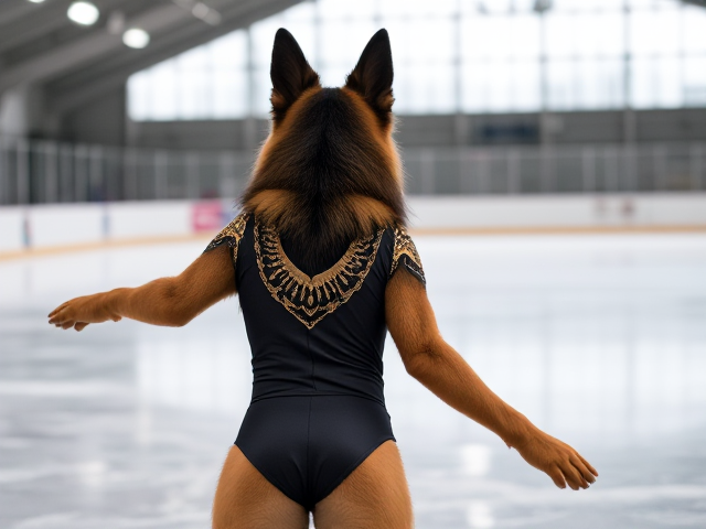 A anthropomorphic German shepherd ice skating wearing a gymnastics leotard in a ice rink