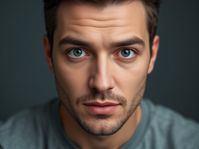 create a realistic guy with a neutral but intense expression. He should have shocking wide-open eyes staring straight ahead.