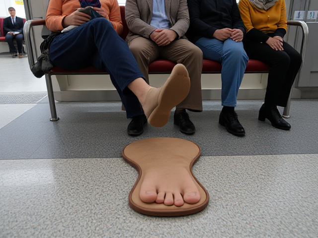 people sitting on bus stand placing their foot on a foot shaped cushion on the floor