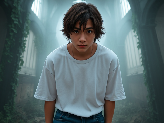 Sceencap of a Maori, European, 18 year old male, with greyish blue eyes, shaggy wavy hair, with wavy brown shaggy bangs, silver eyebrow piercing, and cross piercing on left ear, wearing a white baggy t-shirt, blue baggy jeans, and brown leather boots.