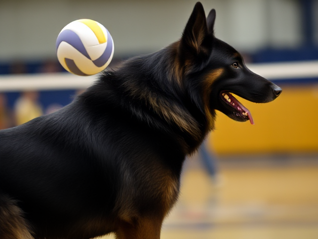 Anthropomorphic black German shepherd volleyball leotard butt gymnasium
