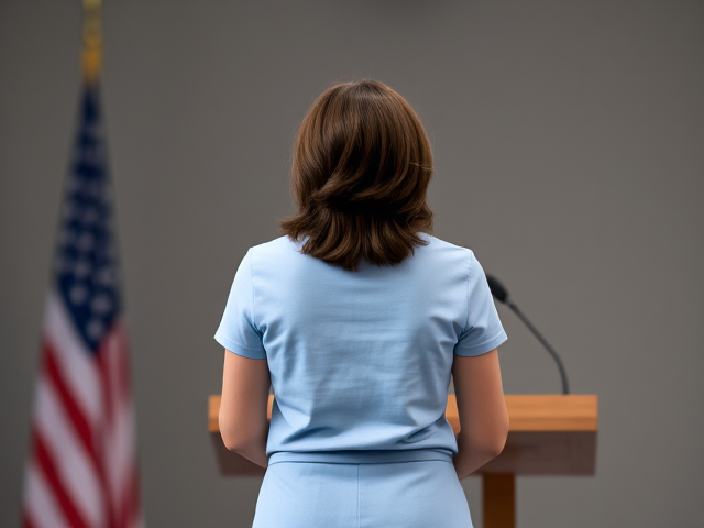 Brunette female politician, wearing a light blue t-shirt and skirt of the same shade,  speaking at a podium full body view